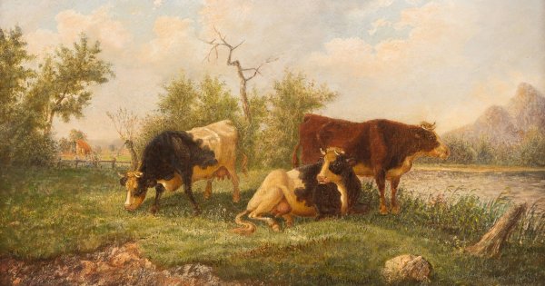 Pasturing cows by Edmund Mahlknecht - Hand-Painted Oil Painting Reproduction