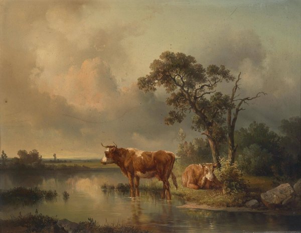Rastende Kuhe am Weiher 1854 by Edmund Mahlknecht - Hand-Painted Oil Painting Reproduction