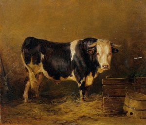 Stier im Stall by Edmund Mahlknecht Oil Painting