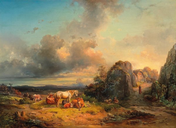 Tiere In Landschaft  by Edmund Mahlknecht - Hand-Painted Oil Painting Reproduction