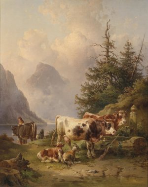 Viehherde mit Hirtin am Seeufer by Edmund Mahlknecht Oil Painting