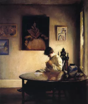 A Girl Crocheting by Edmund Tarbell - Oil Painting Reproduction