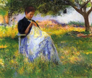 A Girl Sewing in an Orchard painting by Edmund Tarbell