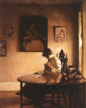 Girl Crotcheting by Edmund Tarbell - Oil Painting Reproduction