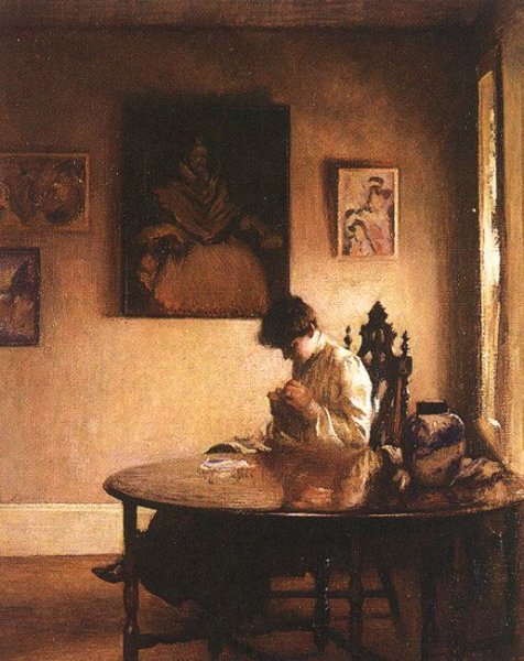 Main Product Photo of Girl Crotcheting Painting by Edmund Tarbell
