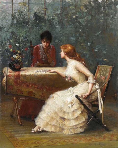Frage an die Karten  by Edouard Bisson - Hand-Painted Oil Painting Reproduction