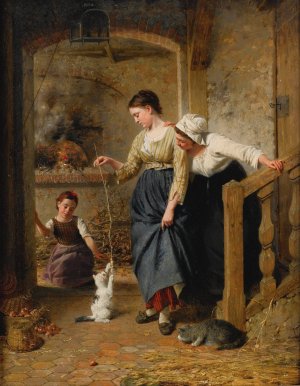 Playing With Kittens by Edouard Castres Oil Painting