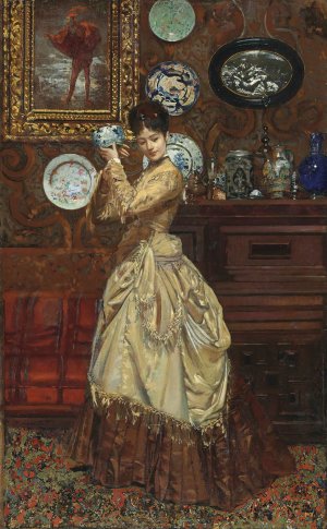 Admiring the porcelain by Edouard Frederic Wilhelm Richter Oil Painting