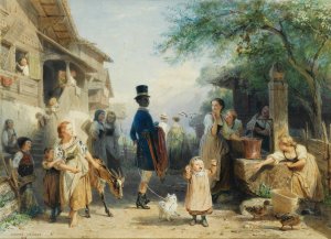 Lively village scene by Edouard Girardet Oil Painting