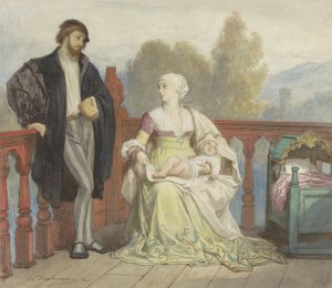 Francesca di Rimini en Paolo di Polenta met kind op een balkon by Edouard Hamman Oil Painting
