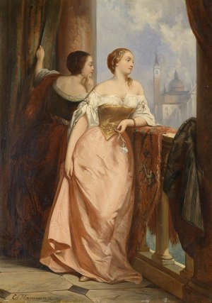 Zwei Damen am Balkon, im Hintergrund San Giorgio Maggiore, Venedig by Edouard Hamman Oil Painting