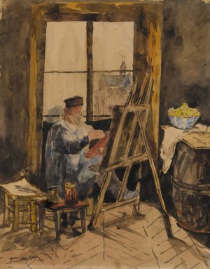 Portrait of Antoine Vollon seated at his easel by Edouard-Jacques Dufeu Oil Painting