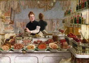 A Pork Butcher's Shop by Edouard-Jean Dambourgez Oil Painting
