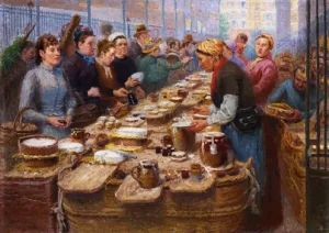 Cream and Cheese Merchants of Les Halles by Edouard-Jean Dambourgez - Oil Painting Reproduction