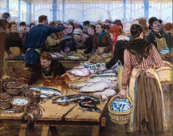 Fish Auction at Les Halles by Edouard-Jean Dambourgez - Hand-Painted Oil Painting Reproduction