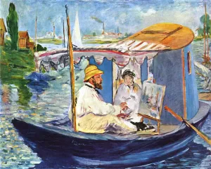 Claude Monet Working in His Atelier Boat by Edouard Manet - Oil Painting Reproduction