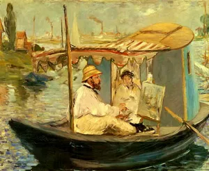 Monet Painting in His Floating Studio Oil painting by Edouard Manet