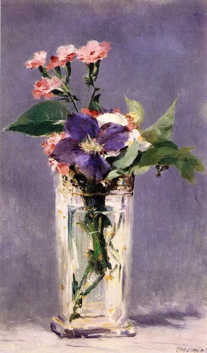 Pinks and Clematis in a Crystal Vase by Edouard Manet - Oil Painting Reproduction