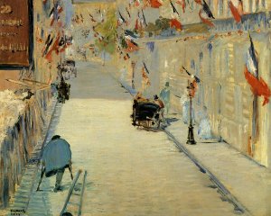 Rue Mosnier Decorated with Flags, with a Man on Crutches