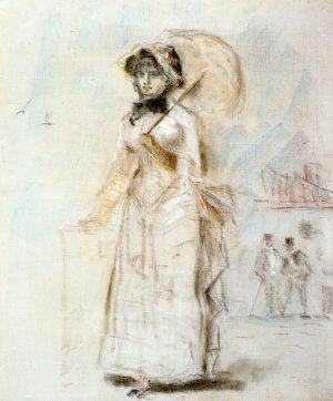 Young Woman Taking a Walk, Holding an Open Umbrella by Edouard Manet Oil Painting