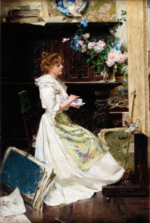 Break of the painter in her studio by Edouard Menta Oil Painting