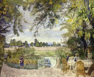 Figures Eating in a Garden by the Water: A Decorative Panel for Bois Lurette Oil painting by Edouard Vuillard