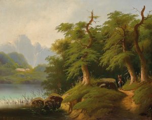 Gebirgssee mit figurlicher Staffage by Eduard Boehm Oil Painting