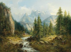 Mountain Landscape with decorative figures by Eduard Boehm Oil Painting