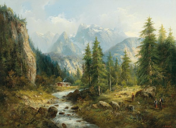 Mountain Landscape with decorative figures by Eduard Boehm - Hand-Painted Oil Painting Reproduction