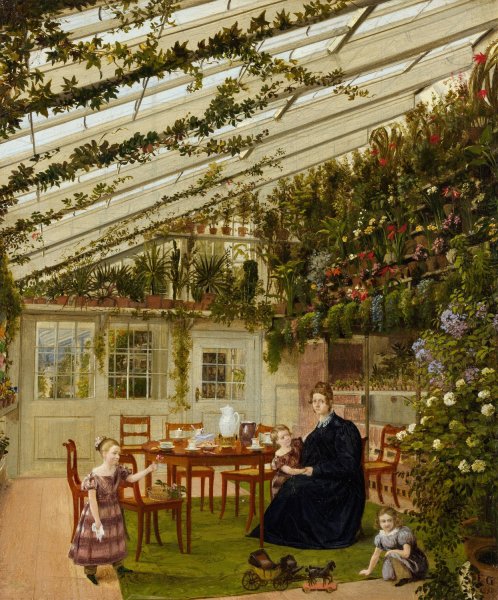 The Family of Mr. Westfal in the Conservatory  by Eduard Gaertner - Hand-Painted Oil Painting Reproduction