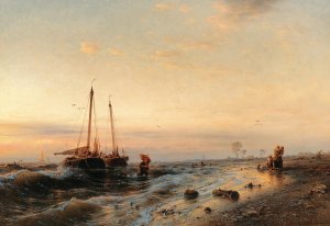 The arrival of the fishing boats by Eduard Hildebrandt Oil Painting