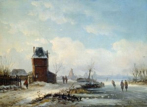 Winterliche Kanallandschaft mit Blick auf eine hollandische Stadt by Eduard Hildebrandt Oil Painting