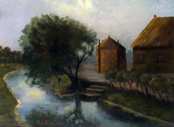 A Farm by a Stream by Eduard Karsen - Hand-Painted Oil Painting Reproduction