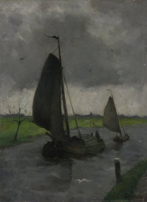 Watercourse with Sail Barges by Eduard Karsen Oil Painting