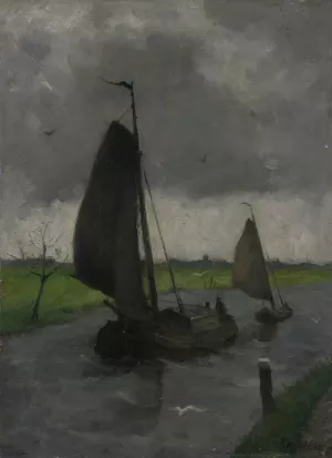 Watercourse with Sail Barges by Eduard Karsen Oil Painting