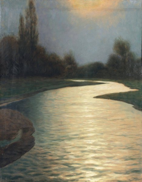Fluslauf im Vollmondlicht by Eduard Kasparides - Hand-Painted Oil Painting Reproduction