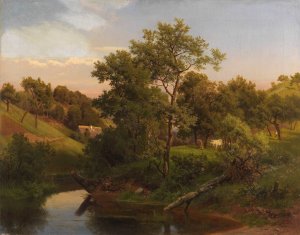 Flussaue mit Bauernhaus und Viehhirte by Eduard Leonhardi Oil Painting