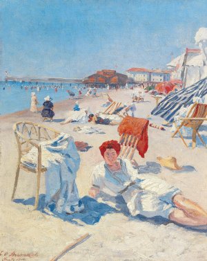 On the beach at Grado by Eduard Otto Braunthal Oil Painting