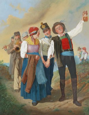 A festive procession with peasants, brass music and soldiers by Eduard Ritter Oil Painting