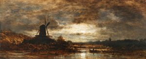 Hollandische Flusslandschaft mit Muhle bei Mondschein by Eduard Schleich The Elder Oil Painting
