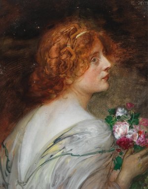 Back View Of A Young Woman In Profile With A Bouquet Of Roses In Her Hands by Eduard Veith Oil Painting