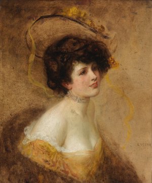 Dame mit Hut in gelbem Kleid by Eduard Veith Oil Painting