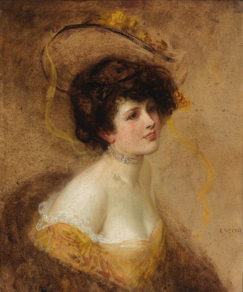 Main Product Photo of Dame mit Hut in gelbem Kleid Painting by Eduard Veith