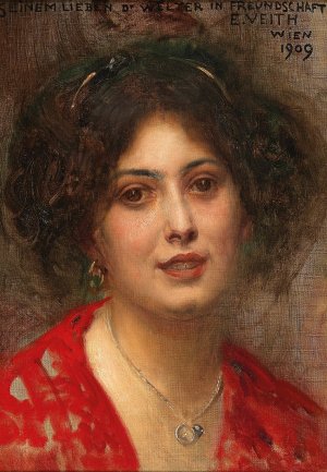 Portrait of a Young Woman in a Red Dress by Eduard Veith Oil Painting