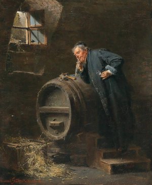 A monk in a wine cellar with a wine siphon by Eduard Von Grutzner Oil Painting