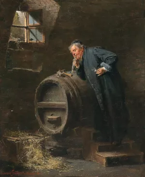 A monk in a wine cellar with a wine siphon by Eduard Von Grutzner Oil Painting