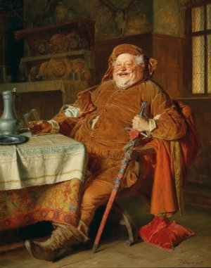 Falstaff With A Sword, Wine Jug And Glass by Eduard Von Grutzner Oil Painting