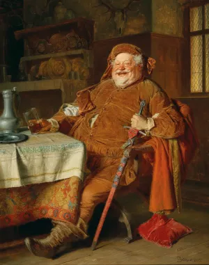 Falstaff With A Sword, Wine Jug And Glass by Eduard Von Grutzner Oil Painting
