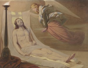 Christ in the grave, a mourning angel hovering over him by Eduard Von Steinle Oil Painting