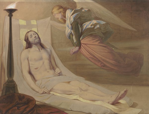 Christ in the grave, a mourning angel hovering over him  by Eduard Von Steinle - Hand-Painted Oil Painting Reproduction